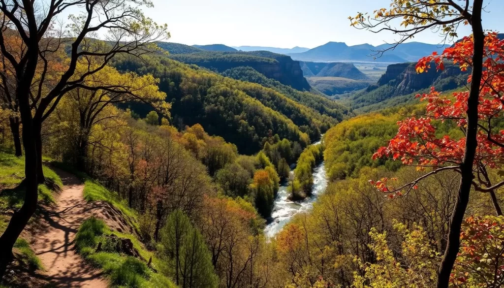 A scenic vista of Cookeville's lush, rolling hills and verdant forests, bathed in the warm glow of a sun-dappled afternoon. In the foreground, a winding hiking trail snakes through a canopy of towering oak and maple trees, inviting adventurers to explore the area's rich natural beauty. The middle ground reveals a sparkling creek, its crystal-clear waters reflecting the vibrant hues of the surrounding foliage. Beyond, rugged cliffs and towering peaks rise majestically, creating a dramatic backdrop that captures the essence of Cookeville's outdoor playground. Capture the serene, peaceful atmosphere with a soft, natural lighting that emphasizes the region's unspoiled charm and tranquility.