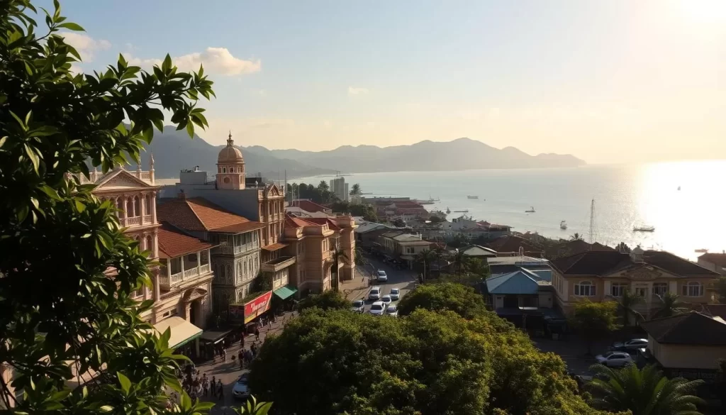 A scenic vista of Penang, the "Pearl of the Orient", bathed in warm, golden sunlight. In the foreground, lush, vibrant foliage frames the iconic architectural wonders of the historic Georgetown district, their intricate facades and colorful shophouses cast in soft, dappled shadows. In the middle ground, bustling streets teem with locals and tourists alike, weaving through the vibrant night market stalls and quaint, family-owned eateries. Beyond, the shimmering Andaman Sea glistens, dotted with traditional fishing boats and the distant outline of verdant hills. The overall mood is one of charming, tropical serenity, inviting the viewer to immerse themselves in the rich cultural tapestry of this captivating Malaysian island destination.