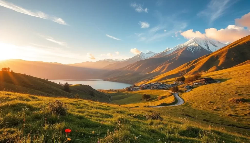 A scenic vista of Uttarakhand's seasonal changes, captured in a wide landscape shot. In the foreground, lush green meadows dotted with vibrant wildflowers sway gently in a soft breeze. The middle ground features a winding mountain path leading up to a quaint village nestled among rolling hills, their slopes painted in warm autumnal hues. In the distance, snow-capped Himalayan peaks pierce the crisp, azure sky, their majestic silhouettes reflected in a serene lake. Warm, golden sunlight filters through wispy clouds, casting a serene, ethereal glow over the entire scene. A sense of tranquility and timeless natural beauty pervades the image.