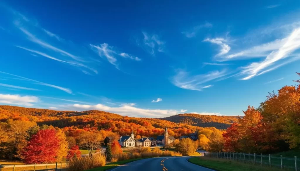 A scenic vista of Virginia's rolling hills and lush foliage during the optimal autumn season. Warm sunlight filters through the vibrant fall colors, casting a golden glow across the pastoral landscape. In the foreground, a winding country road leads the eye towards a quaint Virginian town, its historic buildings and church steeples nestled amidst the vibrant trees. Wispy clouds drift across a deep blue sky, creating a sense of tranquility and inviting the viewer to explore this weather-ideal destination. The overall scene conveys the beauty and charm of Virginia at its finest, enticing the viewer to plan their visit during this sublime time of year.