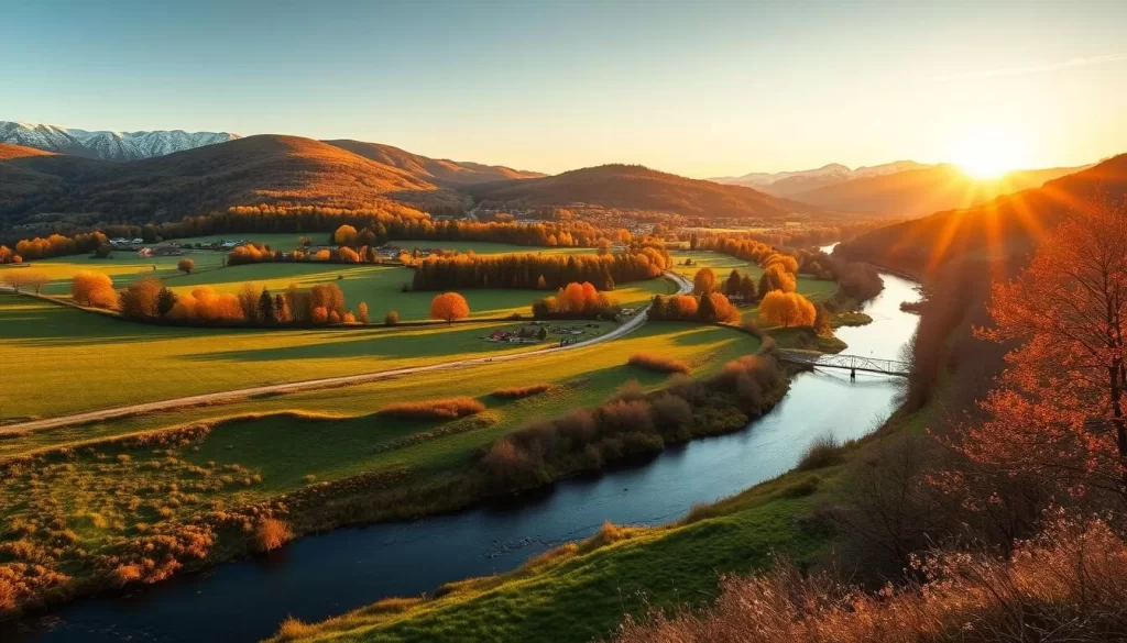 A scenic vista of the Meuse Valley in Belgium during different seasons. In the foreground, a winding river cutting through lush green meadows dotted with wildflowers in spring. In the middle ground, rolling hills draped in vibrant autumnal foliage. And in the background, snow-capped peaks glistening under a golden sunset in winter. The scene is illuminated by warm, natural lighting, captured through a wide-angle lens to showcase the sweeping landscape. A peaceful, idyllic atmosphere evokes the serene beauty of this picturesque region throughout the year.