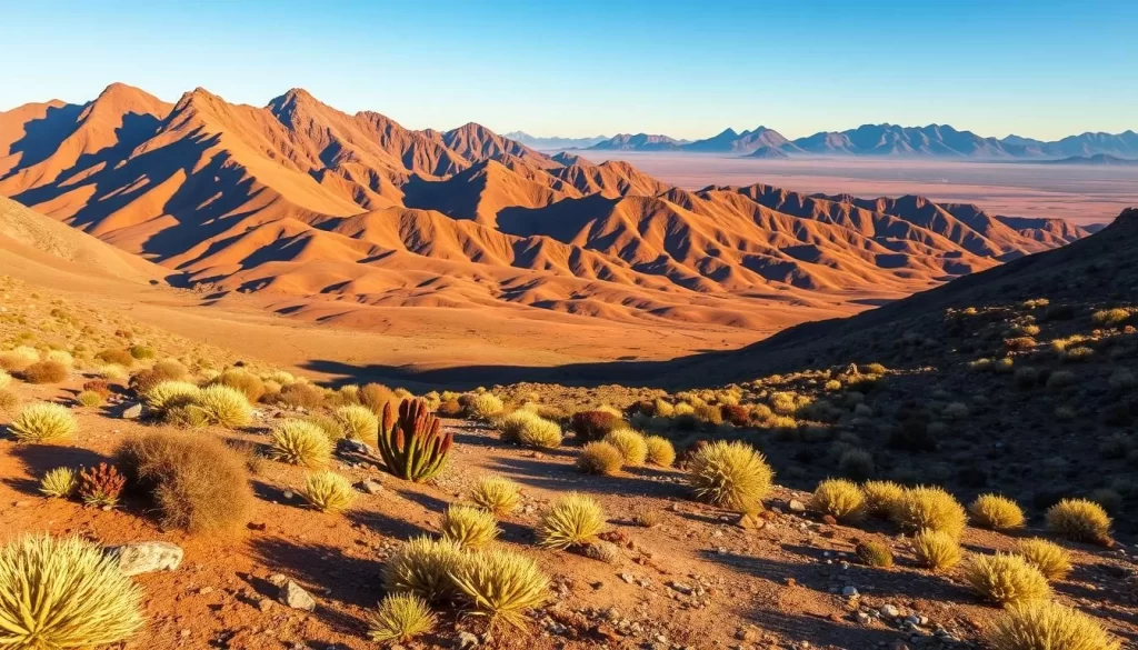 A scenic vista of the Richtersveld National Park, South Africa. In the foreground, a well-marked hiking trail winds through the rugged, arid landscape, dotted with hardy succulent plants. The middle ground features distinctive, craggy mountains in shades of burnt orange and ochre, casting long shadows under a bright, clear sky. In the distance, the horizon is punctuated by jagged peaks, bathed in warm, directional sunlight. The overall mood is one of remote, untamed wilderness, perfect for an adventurous journey through this unique and captivating corner of the world.
