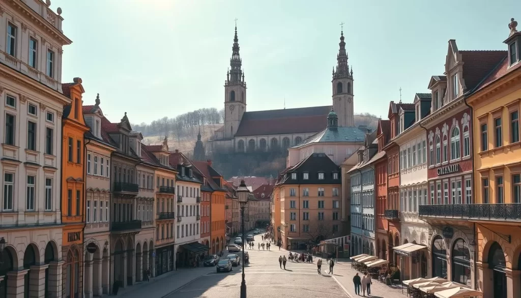 A scenic vista of the historic Graz city center, showcasing the magnificent Baroque architecture and grand medieval buildings. In the foreground, charming cobblestone streets are lined with colorful shops and cafes, bustling with life. The middle ground features the iconic Graz Cathedral, its towers and spires reaching skyward. In the background, the Schlossberg hill rises, crowned by the iconic Graz Clock Tower. The scene is bathed in warm, golden sunlight, casting long shadows and creating a picturesque, postcard-worthy atmosphere. Captured with a wide-angle lens to encompass the grandeur of the old town, this image offers a captivating glimpse into the UNESCO-protected heritage of Graz, Austria.