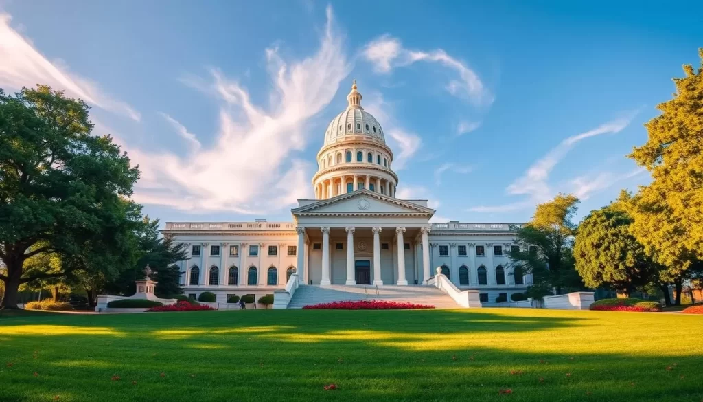 A serene Alabama state capitol building stands proudly, its grand neoclassical architecture bathed in warm sunlight. In the foreground, a lush green lawn stretches out, dotted with vibrant blooms. A clear blue sky overhead provides a tranquil backdrop, with wispy clouds drifting lazily. The scene conveys a sense of official authority and civic pride, reflecting the state's designated English-only status. Captured with a wide-angle lens, the image offers a comprehensive view of Alabama's official language landscape.