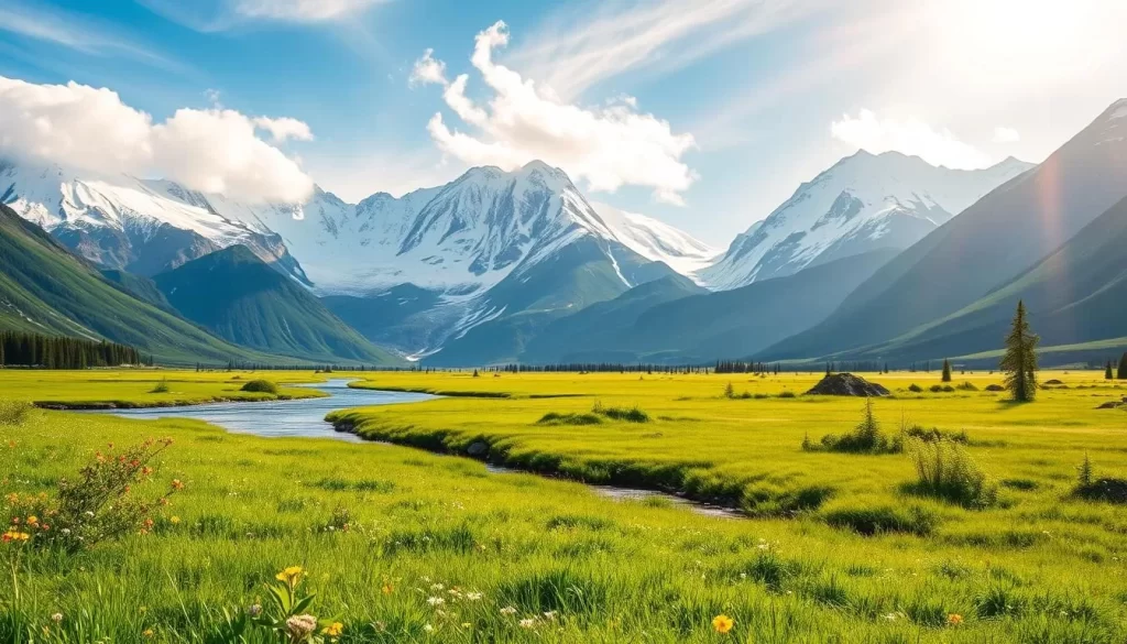 A serene Alaska spring landscape, with a lush green meadow in the foreground, dotted with vibrant wildflowers. In the middle ground, a gently flowing stream cuts through the scene, its crystal-clear waters reflecting the surrounding mountains. In the background, towering snow-capped peaks rise majestically, their slopes still dusted with the last remnants of winter's snow. Warm, golden sunlight filters through wispy clouds, casting a soft, ethereal glow over the entire tableau. The scene exudes a sense of tranquility and nature's awakening, perfectly capturing the essence of spring in this beautiful Alaskan setting.