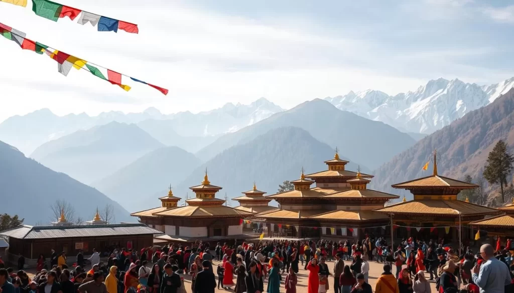 A serene Bhutanese village nestled amidst majestic Himalayan peaks, adorned with colorful prayer flags fluttering in the gentle breeze. In the foreground, locals in traditional dress gather for a lively festival, engaged in vibrant dance and music performances. The middle ground features ornate Buddhist temples and monasteries, their golden roofs gleaming in the warm sunlight. In the background, snow-capped mountains rise up, creating a breathtaking panoramic landscape. Soft, diffused lighting casts a mystical, almost spiritual atmosphere over the entire scene, capturing the deep cultural significance of Bhutanese festivals.