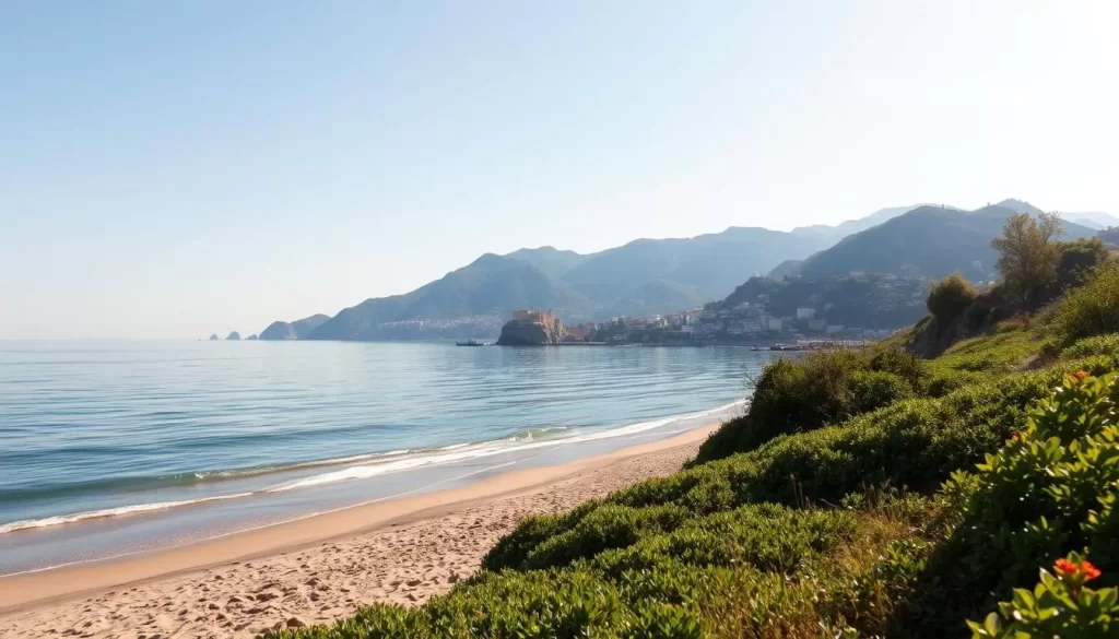 A serene Black Sea coast on a beautiful sunny day. In the foreground, a sandy beach lined with lush green vegetation. In the middle ground, gentle waves lapping against the shore, casting a mesmerizing reflection. In the background, a breathtaking panorama of the rugged, undulating coastline, dotted with picturesque fishing villages and ancient fortresses. The scene is bathed in warm, golden light, creating a sense of tranquility and timelessness. The overall mood is one of calm and natural wonder, perfectly capturing the essence of Samsun's idyllic seaside setting.
