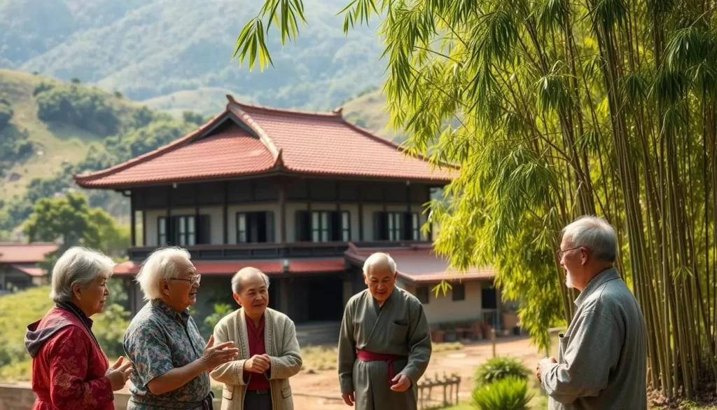 A serene Hakka village nestled in the verdant hills of Taitung, Taiwan. In the foreground, a group of Hakka elders engaged in animated conversation, their traditional garments and gestures preserving the essence of their linguistic heritage. The middle ground showcases a well-maintained Hakka ancestral home, its intricate architecture and red-tiled roof radiating a timeless charm. In the background, lush green bamboo groves sway gently in the warm, natural light, creating a peaceful, contemplative atmosphere that invites the viewer to appreciate the beauty and resilience of the Hakka language community.
