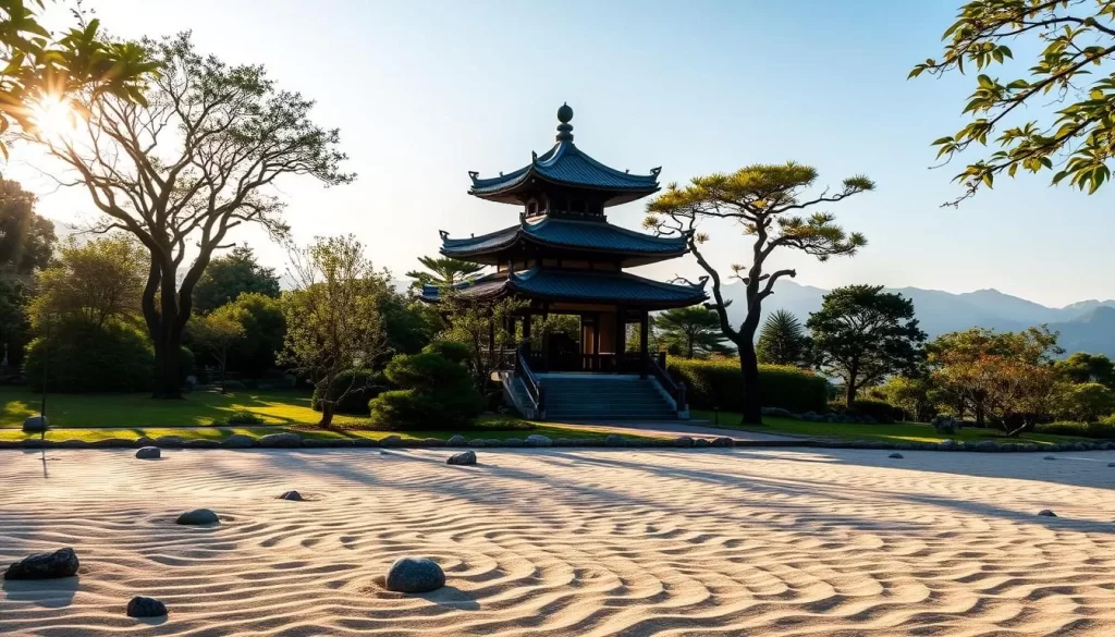 A serene Japanese-style garden in Chiayi County, Taiwan, bathed in warm afternoon sunlight. In the foreground, a meticulously raked sand garden with delicately placed stones. In the middle ground, a traditional pagoda-style structure with ornate architectural details, surrounded by lush greenery. In the background, the silhouettes of distant mountains create a tranquil, calming atmosphere. The scene evokes a harmonious blend of Taiwanese and Japanese aesthetic influences, reflecting the rich cultural heritage of the region.