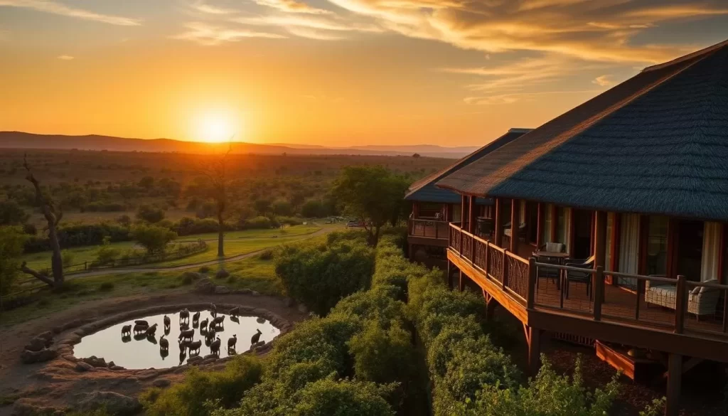 A serene Laikipia Plateau landscape with luxury safari lodges nestled amidst lush greenery. Capture the golden hour as the sun casts a warm glow over the thatched-roof structures, their wooden decks overlooking a watering hole where wildlife gathers. Employ a wide-angle lens to showcase the expansive vista, with distant rolling hills as the backdrop. Convey a sense of tranquility and exclusivity, inviting the viewer to imagine themselves relaxing in this picturesque African wilderness retreat.