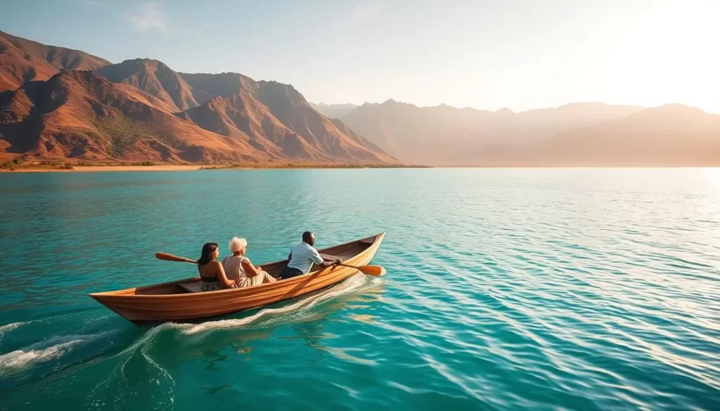 A serene Lake Turkana, the world's largest permanent desert lake, with a traditional wooden boat gliding across its tranquil turquoise waters. Majestic mountains rise in the distance, their slopes dotted with lush vegetation. The warm, golden sunlight bathes the scene, casting a soft, ambient glow. A group of passengers sit comfortably aboard the boat, their faces filled with wonder as they take in the breathtaking landscape. The camera captures this moment with a wide-angle lens, emphasizing the vastness and beauty of the natural surroundings. The overall mood is one of peaceful exploration and immersion in the stunning wilderness of Sibiloi National Park, Kenya.