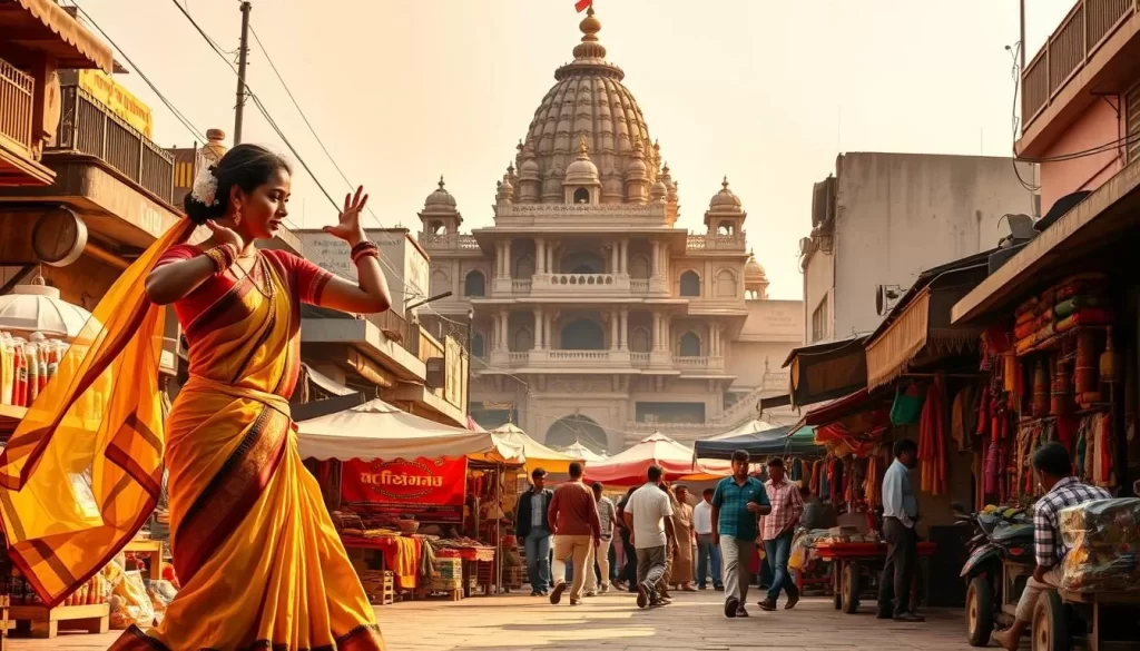 A serene Marathi cultural scene unfolds before us. In the foreground, a graceful dancer in traditional Nauvari saree performs a classical Bharatanatyam routine, her fluid movements accentuated by warm, golden lighting. In the middle ground, a bustling street market showcases vibrant displays of Marathi handicrafts, spices, and textiles. Towering in the background, a magnificent Marathi architectural marvel, its intricate carvings and domes shimmering under the sun. The air is filled with the aroma of freshly brewed chai and the melodic chants of a Marathi folk song. This vivid snapshot captures the rich cultural tapestry that defines the Marathi way of life.