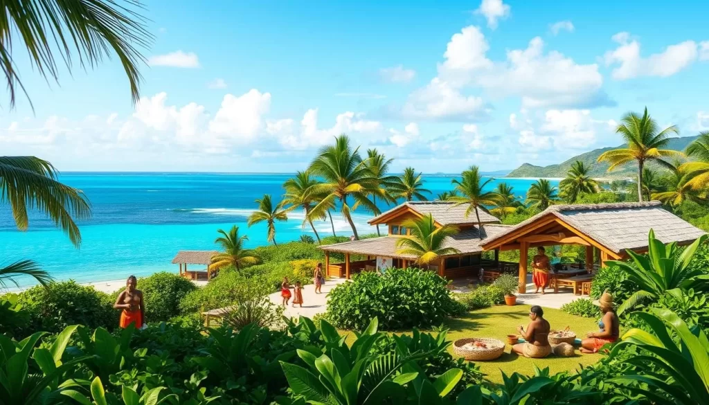 A serene Pacific island landscape, with lush, verdant foliage and sun-dappled beaches. In the foreground, a group of local Micronesian people engage in traditional cultural activities, such as weaving intricate baskets, performing ceremonial dances, or preparing a feast with freshly caught seafood. The middle ground features vibrant, colorful structures typical of Micronesian architecture, with thatched roofs and wooden carvings. In the background, a picturesque view of the turquoise waters of the lagoon, with swaying palm trees lining the shore. The lighting is warm and natural, capturing the idyllic, laid-back atmosphere of the island. Rendered in a highly detailed, realistic style that celebrates the richness and diversity of Micronesia's cultural heritage.