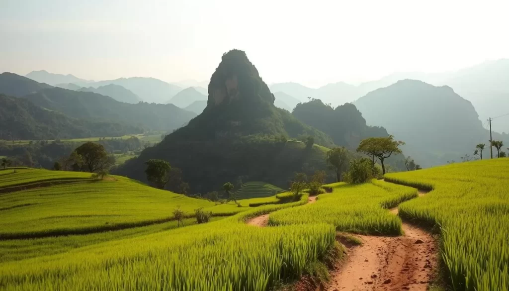 A serene Pai landscape unfolds before the viewer, bathed in golden sunlight. In the foreground, a winding dirt path meanders through lush, verdant rice paddies, their emerald hues shimmering in the gentle breeze. Towering karst formations rise majestically in the middle ground, their rugged limestone cliffs capped with a dusting of forest greenery. In the distance, the misty blue silhouettes of rolling hills create a breathtaking backdrop, evoking a sense of tranquility and wonder. The scene is imbued with a soft, warm glow, as if captured through the lens of a vintage camera. This idyllic Pai landscape embodies the charm and natural beauty of this captivating region of northern Thailand.