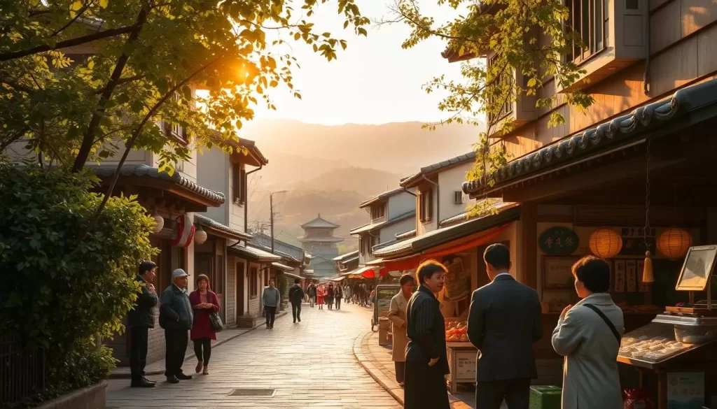 A serene alleyway winding through a picturesque village in North Jeolla Province, South Korea. The warm, golden sunlight filters through the lush foliage, casting a gentle glow on the traditional hanok architecture. In the foreground, a group of locals engaged in lively conversation, their gestures and expressions conveying the distinctive cadence and rhythm of the Jeolla dialect. The middle ground features a bustling marketplace, with vendors offering an array of local delicacies and handicrafts. In the background, rolling hills and a distant pagoda tower complete the tranquil, quintessentially Korean scene, capturing the essence of the Jeolla-mal language and its vibrant cultural context.