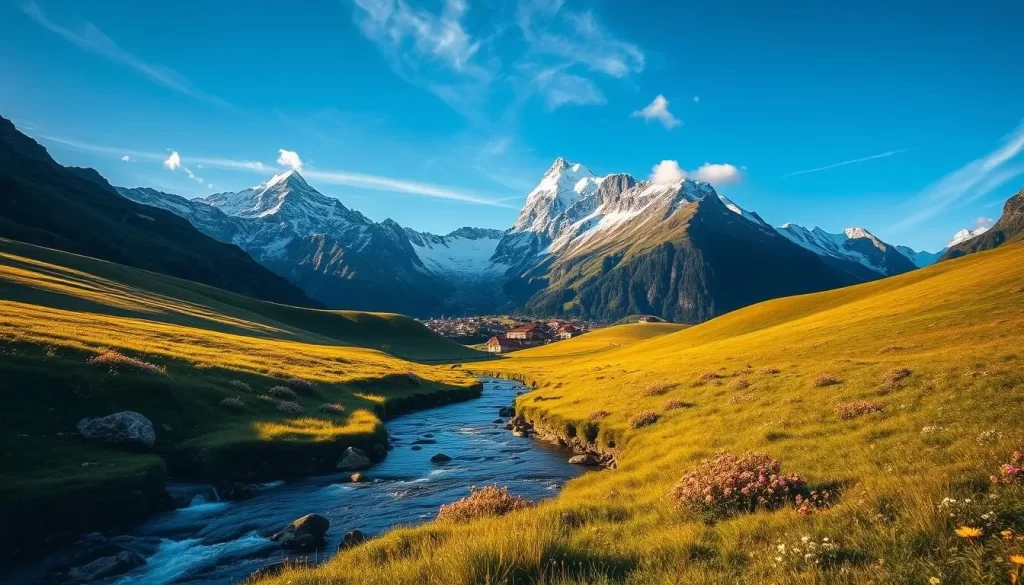 A serene alpine landscape in Silum, Liechtenstein. Rolling verdant hills dotted with wildflowers lead the eye towards a picturesque village nestled between towering snow-capped peaks. Warm golden sunlight bathes the scene, casting long shadows and illuminating the vibrant colors. A pristine mountain stream winds its way through the foreground, its clear waters reflecting the majestic scenery. Wispy clouds drift across a bright azure sky, completing the idyllic, peaceful atmosphere. Capture the tranquil beauty and unspoiled charm of this hidden gem in the heart of the European Alps.