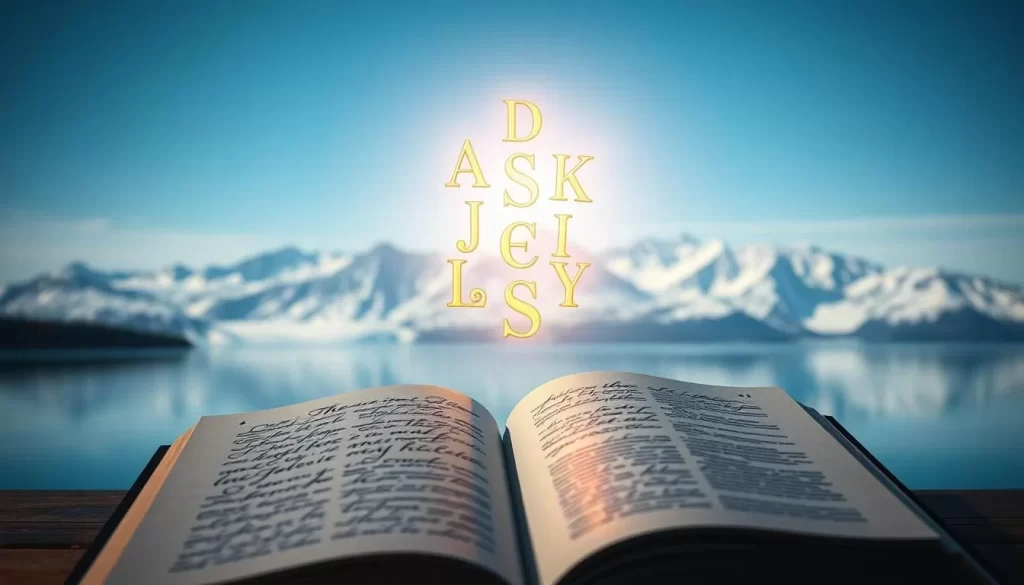 A serene and elegant depiction of the English language, set against a backdrop of a tranquil Alaskan landscape. In the foreground, an open book with flowing calligraphic script in shades of ink and gold, representing the written word. The middle ground features a cluster of illuminated letters, each one a unique work of art, suspended in a soft, ethereal light. In the distance, a majestic snow-capped mountain range reflects the clear, azure sky, creating a sense of depth and grandeur. The overall composition conveys the power, beauty, and timelessness of language as Alaska's official tongue.
