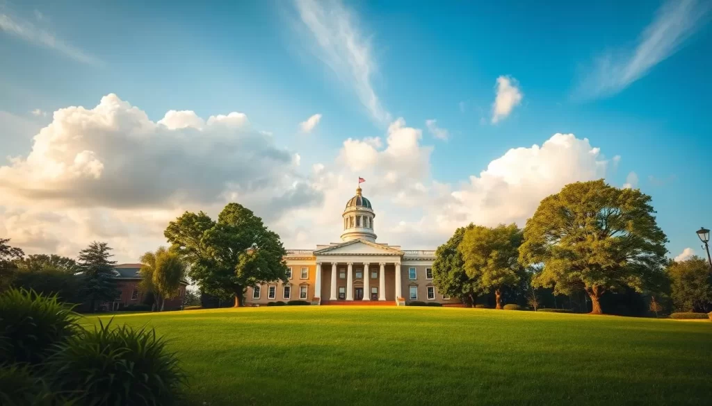 A serene and inviting landscape depicting the official status of the English language in Tennessee. In the foreground, a well-manicured lawn and lush greenery set the scene. In the middle ground, a stately government building with a classic architectural style stands proud, representing the authority and prominence of the English language. The sky above is a brilliant blue, with fluffy white clouds drifting lazily, creating a sense of tranquility and stability. The lighting is warm and natural, casting a soft glow over the entire scene. The overall mood is one of civic pride and the establishment of English as the official and widely spoken language of the state of Tennessee.