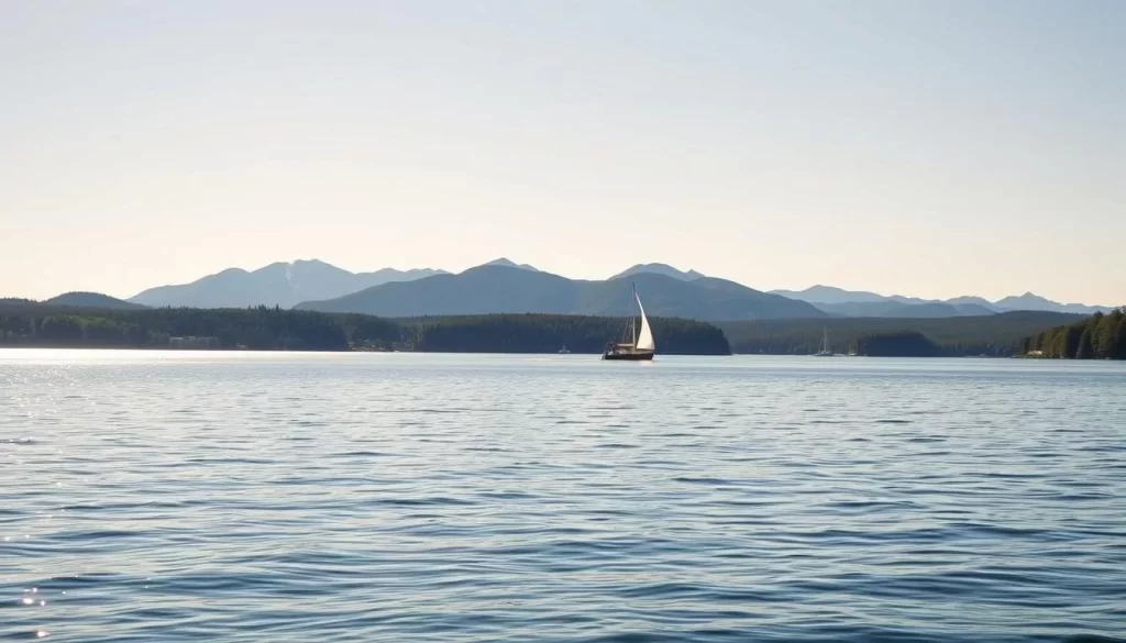 A serene and picturesque landscape of Lake Champlain in Vermont on a sunny, clear day. In the foreground, the calm, glimmering waters of the lake reflect the surrounding mountains and forests. In the middle ground, a small sailboat glides across the surface, its white sails catching the gentle breeze. In the background, the majestic Green Mountains rise up, their peaks capped with a dusting of snow. The scene is bathed in warm, golden light, creating a tranquil and inviting atmosphere. The image captures the natural beauty and tranquility of this iconic New England lake.
