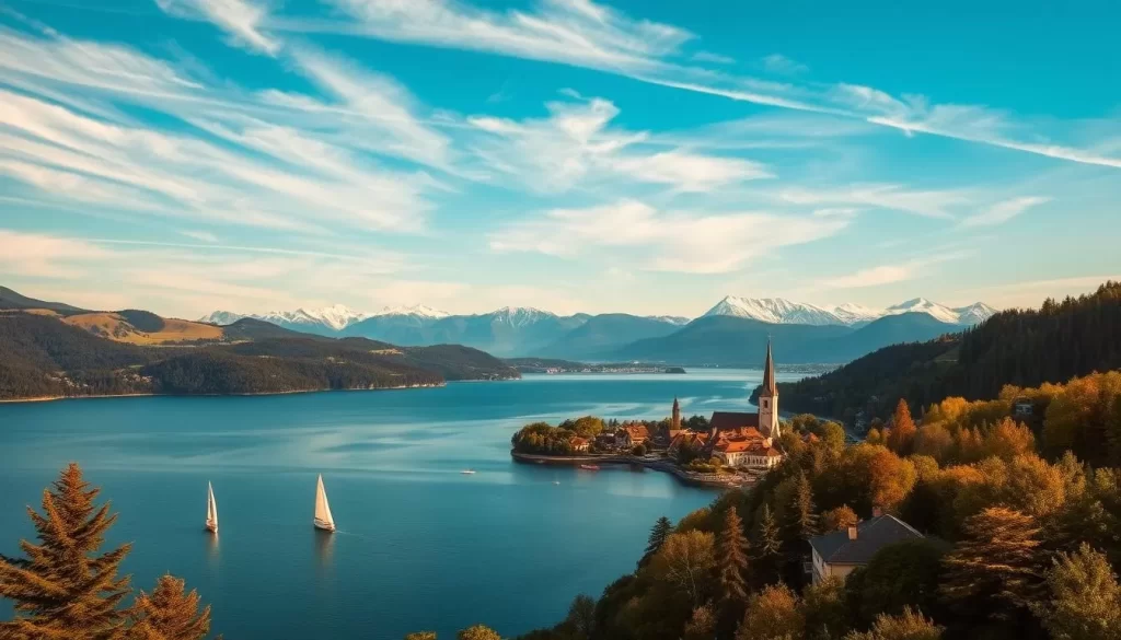 A serene and picturesque landscape of Lake Constance, nestled amongst the rolling hills and verdant forests of the Austrian countryside. In the foreground, a tranquil lake reflects the azure sky and wispy clouds above, its calm waters dotted with sailboats and kayaks. The middle ground features a charming village, its quaint buildings and church steeples surrounded by lush greenery. In the distance, majestic snow-capped mountains rise up, creating a breathtaking backdrop to this three-country wonder. Warm, golden sunlight bathes the scene, evoking a sense of peaceful exploration and natural wonder.