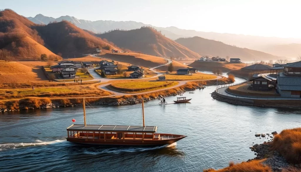A serene and picturesque landscape of South Jeolla Province, South Korea, showcasing its diverse transportation options. In the foreground, a traditional hanok-style passenger boat glides gracefully across a tranquil river, its wooden hull and colorful sails reflecting the warm sunlight. In the middle ground, a small village nestled among rolling hills is connected by narrow winding roads, with locals cycling and walking along the paths. In the background, a majestic mountain range rises, its peaks capped with a dusting of snow. The scene is bathed in a warm, golden glow, evoking a sense of serenity and timelessness. The overall atmosphere is one of peaceful rural charm, highlighting the picturesque transportation options available in this stunning region of South Korea.