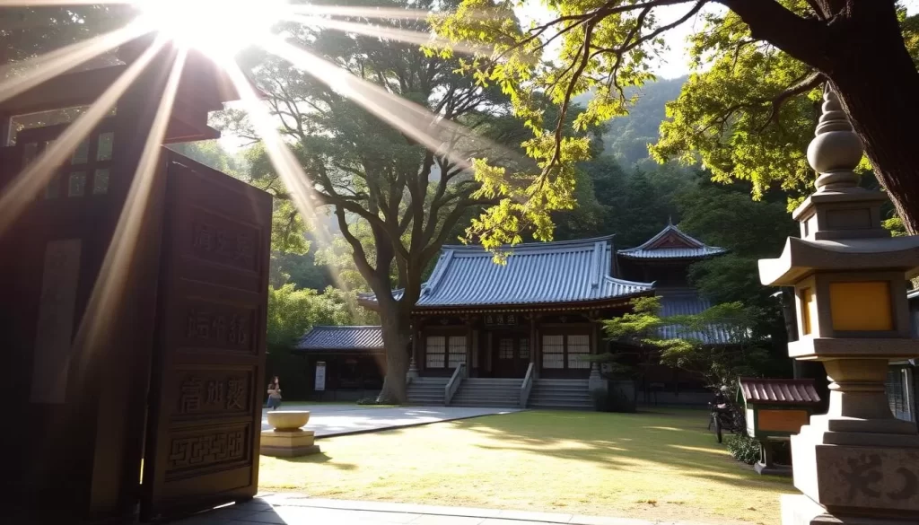 A serene and tranquil Shinto shrine nestled amid lush greenery, the Gaoshi Shrine stands as a captivating hidden gem in the heart of Pingtung County, Taiwan. The main gate, adorned with intricate carvings, leads to a peaceful courtyard where visitors can admire the ornate main temple building with its distinctive upturned roof. Sunlight filters through the surrounding trees, casting a warm, golden glow across the scene. In the distance, a traditional stone lantern casts a soft, flickering light, adding to the serene atmosphere. The shrine's tranquil ambiance and harmonious integration with the natural landscape make it a truly unique and enchanting attraction to explore.
