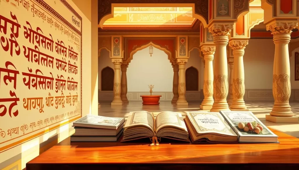 A serene and vibrant illustration of the Gujarati language. In the foreground, meticulously rendered Gujarati script elegantly adorns a traditional wall, its intricate patterns casting a warm glow under the soft, natural lighting. In the middle ground, an array of Gujarati books and scrolls sit atop a polished wooden table, their covers displaying the rich cultural heritage of the language. The background showcases the architectural splendor of Gujarat, with ornate pillars and ornamental arches framing the scene, creating a sense of timeless elegance. The overall atmosphere exudes a feeling of cultural pride and reverence for the official language of this dynamic Indian state.