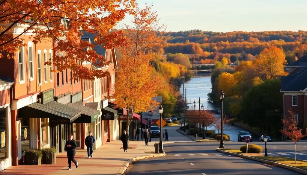 A serene autumn day in the charming town of Clinton, Hunterdon County, New Jersey. Quaint Victorian-era buildings line the main street, their facades bathed in warm golden light. Pedestrians stroll along the sidewalks, taking in the town's historic ambiance. In the distance, the picturesque South Branch of the Raritan River winds through the landscape, its banks dotted with trees in vibrant fall foliage. The scene exudes a sense of timeless small-town character and unhurried tranquility, perfectly capturing the essence of "Discovering Clinton's Charm."
