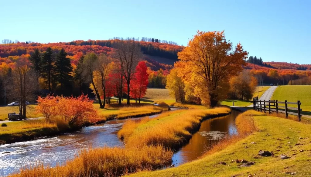 A serene autumn landscape in Kentucky, where the rolling hills are ablaze with vibrant hues of red, orange, and yellow. In the foreground, a winding creek reflects the colorful foliage, its gentle waters sparkling under the warm, golden sunlight. Tall, stately trees line the banks, their branches reaching towards the clear, azure sky. In the middle ground, a picturesque country road meanders through the scene, inviting viewers to explore the natural beauty of the region. The background is dominated by a distant treeline, the leaves rustling softly in the cool, crisp breeze. This tranquil and idyllic scene captures the essence of fall in Kentucky, where nature's finest display takes center stage.