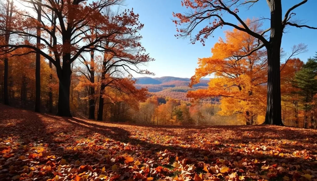 A serene autumnal landscape in Alabama, USA. In the foreground, a carpet of fallen leaves in vibrant shades of orange, red, and gold gently blankets the forest floor. The middle ground features tall, stately oak and maple trees with their branches ablaze with vivid foliage, casting dappled sunlight across the scene. In the distance, rolling hills draped in a tapestry of warm hues stretch towards a clear azure sky. The overall atmosphere is one of tranquility and natural beauty, perfectly capturing the essence of fall in Alabama during the months of September to November.