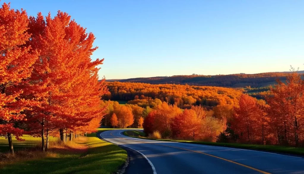 A serene autumnal landscape in Indiana, United States, bathed in warm, golden sunlight. The foreground features a winding country road flanked by vibrant maple trees, their leaves ablaze with hues of crimson, amber, and ochre. In the middle ground, rolling hills covered in a tapestry of fall foliage stretch out towards the horizon. The background is a cloudless azure sky, accentuating the vibrant colors of the scene. The overall atmosphere is one of tranquility and comfort, capturing the quintessential beauty of an Indiana autumn.