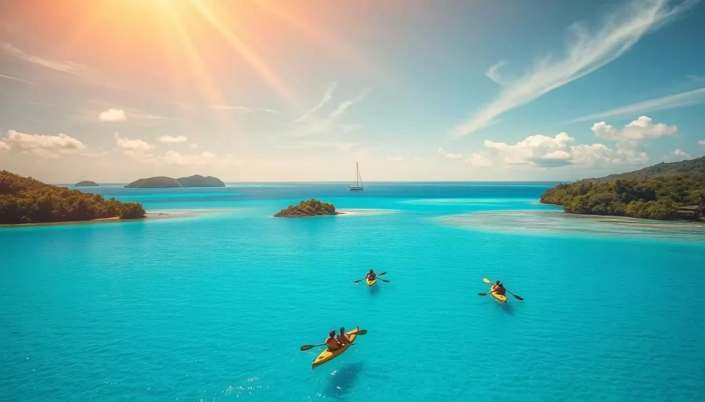 A serene azure lagoon surrounded by lush, verdant islands in the Fiji archipelago. A group of people kayak leisurely across the calm, turquoise waters, taking in the stunning natural beauty. Beams of warm, golden sunlight filter through wispy cirrus clouds, casting a vibrant glow over the scene. In the distance, a lone sailboat glides effortlessly across the horizon. The inviting, tranquil atmosphere captures the essence of summertime in the Fiji Islands during the peak travel season.