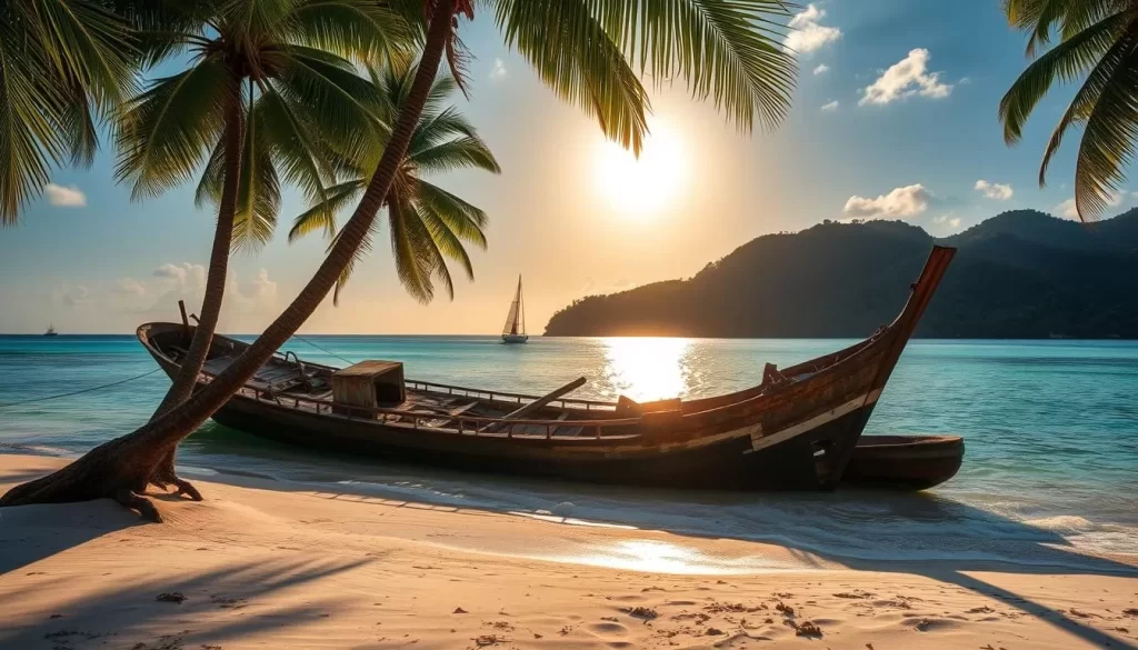 A serene beach on the lush island of Koh Chang, Thailand. The sun's golden rays glisten on the crystal-clear turquoise waters, casting a warm glow over the weathered wreckage of an abandoned ship, its rusted hull partially submerged in the sand. Tall coconut palms sway gently in the ocean breeze, their fronds creating dappled shadows on the pristine white sand. In the distance, verdant jungle-covered hills rise up, creating a dramatic backdrop for this mysterious and enchanting scene. Capture the tranquil, almost mystical atmosphere of this hauntingly beautiful "Ghost Ship Beach".