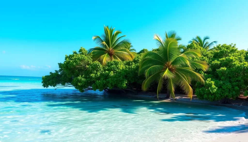 A serene beach scene in the Florida Keys with clear turquoise waters and palm trees