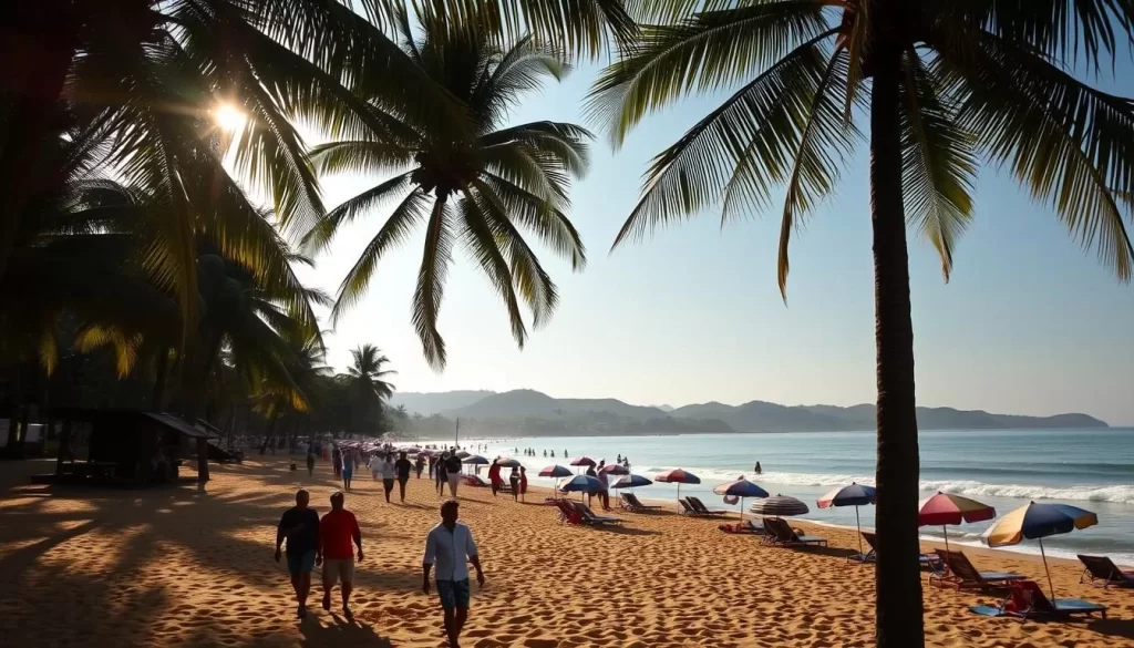 A serene beachfront scene in Goa, India, during the ideal weather months. Sunlight gently filters through swaying palm trees, casting warm hues across the golden sand. In the foreground, people stroll along the water's edge, their laughter mingling with the gentle lapping of waves. The middle ground showcases vibrant beach umbrellas and colorful parasols, creating a lively yet relaxed ambiance. In the distance, a picturesque view of rolling hills and a clear, azure sky completes the tranquil, picture-perfect landscape. Capture the essence of a weather-savvy trip to Goa, a tropical paradise.