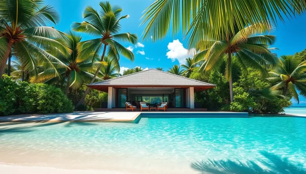 A serene beachfront villa nestled amidst lush tropical foliage in New Caledonia. Turquoise waters lap at the white sandy shore, as gentle sunlight filters through swaying palm fronds. The villa's airy, open-plan design features floor-to-ceiling windows showcasing the stunning natural scenery. Plush outdoor seating areas invite guests to relax and soak in the tranquil island atmosphere. A shimmering infinity pool reflects the azure sky, creating a seamless transition between land and sea. The scene exudes a sense of relaxation and rejuvenation, perfectly capturing the weather-smart travel experience in New Caledonia.