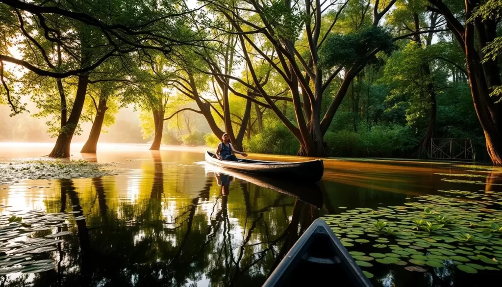 A serene canoeing adventure through the lush green canopy of İğneada Longoz Ormanları Milli Parkı. A warm, golden-hued sun casts a gentle glow over the tranquil, mirror-like waters as a lone canoe glides effortlessly, its occupant enjoying the peaceful solitude amidst the towering trees and vibrant aquatic foliage. Soft, diffused lighting illuminates the verdant wetland landscape, creating a sense of natural harmony and wonder. The scene captures the essence of this captivating Turkish national park, inviting the viewer to immerse themselves in its serene beauty.