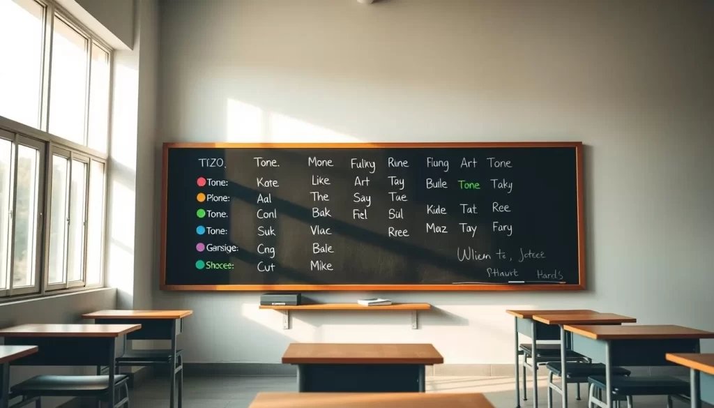 A serene classroom setting with a chalkboard displaying the Mizo language tonal system. The tones are highlighted with vibrant color-coded symbols, creating a visually engaging and educational display. Soft natural lighting filters in through large windows, casting a warm glow on the scene. The classroom is sparsely furnished, with a few desks and chairs arranged neatly, allowing the tonal system to be the focal point. The atmosphere is calm and contemplative, inviting the viewer to explore and understand the nuances of this beautiful language.