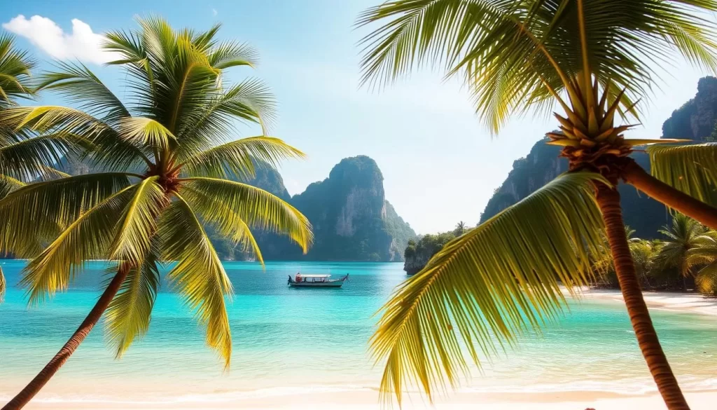 A serene coastal landscape in Krabi, Thailand on a sunny day. Lush palm trees sway gently in the breeze, framing a picturesque bay with turquoise waters lapping against white sandy beaches. In the distance, towering limestone cliffs rise majestically, their rugged beauty reflected in the calm surface of the sea. A small traditional longtail boat drifts peacefully, capturing the tranquil essence of this tropical paradise. Warm natural lighting bathes the scene, creating a sense of warmth and inviting exploration of this stunning coastal gem.