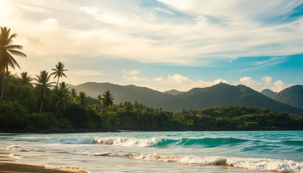 A serene coastal landscape in Sri Lanka during the shoulder season. Soft, golden sunlight filters through wispy clouds, casting a warm glow over the palm-fringed beaches. In the foreground, a tranquil turquoise ocean laps gently against the shore, with the occasional wave rolling in. The middle ground features lush, verdant foliage, including swaying coconut palms and tropical flora. In the background, a range of lush, rolling hills create a picturesque backdrop. The overall atmosphere is one of calm, relaxation, and the gentle transition between the monsoon seasons.