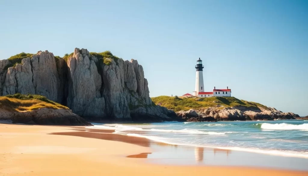 A serene coastal landscape on Block Island, Rhode Island, showcasing its natural wonders. In the foreground, a picturesque beach with soft, golden sand and gentle waves lapping at the shore. Towering sea cliffs rise in the middle ground, their rugged, weathered faces adorned with lush vegetation. In the background, the iconic Southeast Lighthouse stands tall, its classic architecture silhouetted against a clear, blue sky. The scene is bathed in warm, golden sunlight, creating a tranquil and inviting atmosphere. The overall composition captures the essence of Block Island's breathtaking natural beauty.