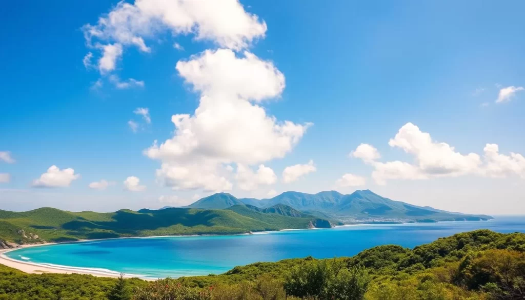 A serene coastal landscape on Jeju Island, South Korea. Lush, verdant hills in the middle ground, with a picturesque white-sand beach and crystal-clear turquoise waters in the foreground. Fluffy white clouds drift across a brilliant azure sky, casting gentle shadows on the scene below. The warm, golden sunlight filters through the atmosphere, creating a soft, diffused glow. In the distance, the iconic volcanic peaks of Hallasan National Park rise majestically, their slopes covered in a vibrant mosaic of greenery. An idyllic, weather-perfect day that showcases Jeju's unique sub-tropical climate and natural beauty.