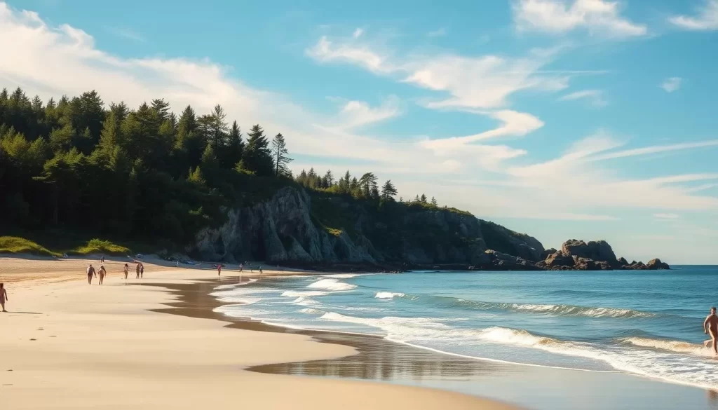 A serene coastal scene in Belfast, Maine during the summer season. The image should feature a picturesque stretch of sandy beach, with gentle waves lapping at the shoreline. In the foreground, beachgoers stroll along the water's edge, enjoying the warmth of the sun and the cool ocean breeze. The middle ground should showcase a rocky cliff or headland, with lush greenery and trees cascading down to the beach. In the background, a clear blue sky dotted with wispy clouds sets the tranquil mood. The lighting should be soft and natural, creating a warm, inviting atmosphere. Capture the essence of a quintessential Maine summer day at the coast.