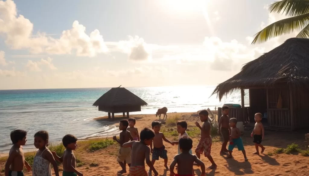 A serene coastal village nestled along the shores of the Andaman Islands, where a vibrant tapestry of languages has evolved over centuries. In the foreground, a group of children engaged in a lively game, their laughter and chatter intertwining in a melodic symphony. Thatched-roof huts in the middle ground stand as testaments to the region's rich cultural heritage, while in the distance, the azure waters of the Indian Ocean stretch out, glistening under the warm, golden light of a sun-dappled sky. The scene captures the essence of the historical influences that have shaped the linguistic diversity of this enchanting archipelago.