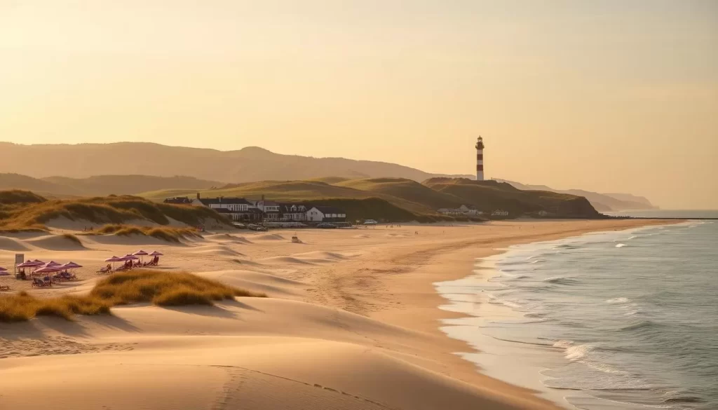 A serene coastline with rolling sand dunes and lush green hills in the distance. The sun casts a warm, golden glow across the scene, illuminating the windswept beach and gently lapping waves. In the foreground, colorful beach umbrellas and loungers dot the sand, inviting visitors to relax and soak in the tranquil atmosphere. The middle ground features a picturesque seaside village, its charming houses and quaint shops nestled between the dunes. In the background, the iconic Belgian lighthouse stands tall, a testament to the region's maritime heritage. The overall mood is one of casual elegance and coastal serenity.