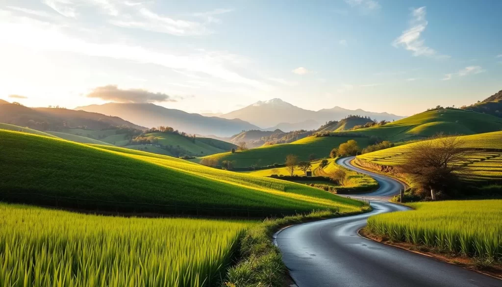 A serene countryside landscape in Pingtung County, Taiwan, on a pleasant spring day. In the foreground, lush green paddy fields stretch out, gently swaying in the soft breeze. Beyond, rolling hills dotted with clusters of vibrant foliage rise up, their slopes bathed in warm, golden sunlight filtering through wispy clouds. In the distance, the silhouettes of majestic mountains loom, their peaks capped with a dusting of snow. A winding country road meanders through the scene, inviting the viewer to explore the tranquil rural setting. The overall atmosphere is one of calm, natural beauty, perfectly capturing the best time to visit Pingtung County.
