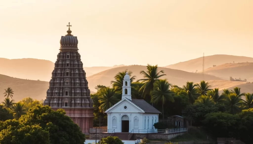 A serene day in Dadra & Nagar Haveli, India. In the foreground, a historic Hindu temple stands tall, its intricate architecture and vibrant colors capturing the essence of the region's rich spiritual heritage. In the middle ground, a modest church with white walls and a slender bell tower nestles amidst lush greenery, a symbol of the area's religious diversity. The background features rolling hills, dotted with palm trees and bathed in warm, golden sunlight, creating a peaceful, picturesque landscape. The overall scene conveys a sense of tranquility and reverence, inviting the viewer to explore the captivating religious sites of this unique union territory.