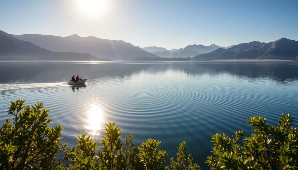 A serene day on the waters of Earthquake Lake, Montana. A small boat drifts peacefully across the calm, glassy surface, its occupants taking in the majestic mountain scenery that surrounds them. The sun casts a warm, golden glow over the landscape, reflecting off the lake's surface and illuminating the towering peaks in the distance. The boat's wake gently ripples outward, creating a mesmerizing pattern on the water. In the foreground, lush green foliage lines the shore, adding to the tranquil, natural ambiance. Capture the essence of an idyllic day of boating and exploring the natural wonder of Earthquake Lake.