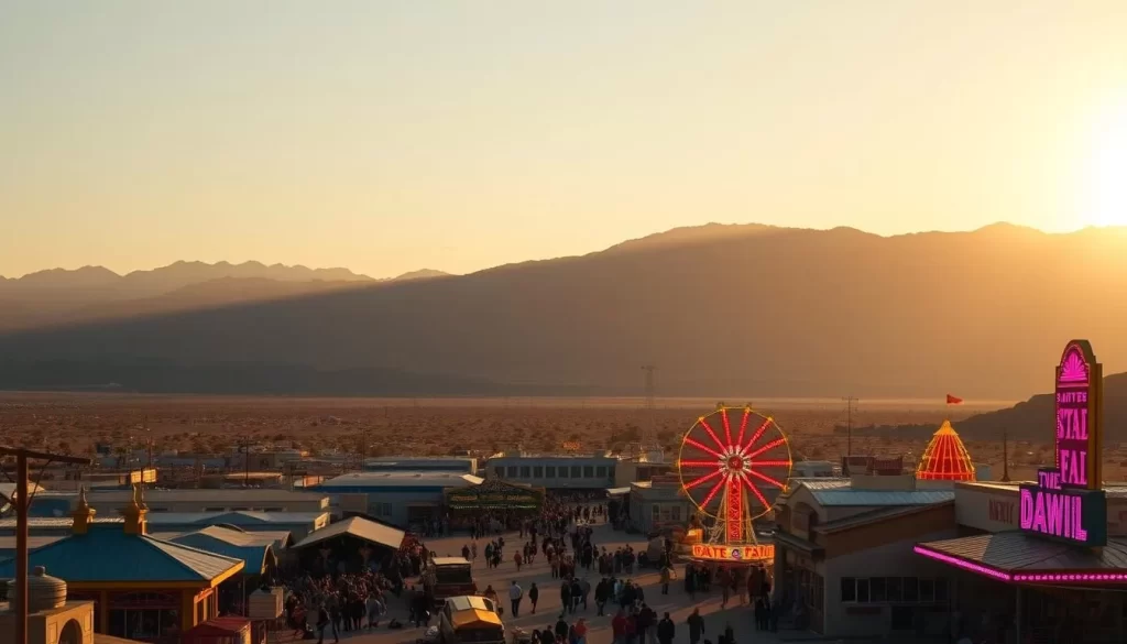 A serene desert landscape under a warm, golden sun. In the foreground, the iconic neon lights and marquees of Nevada's classic state fair, bustling with lively crowds. In the middle ground, classic carnival rides and vibrant food stalls. In the distance, majestic mountains frame the scene, casting long shadows. The atmosphere is nostalgic, with a touch of excitement and anticipation for the annual celebration of Nevada's vibrant culture and traditions. Capture this timeless event with a cinematic, wide-angle lens, showcasing the scale and energy of Nevada's classic annual events.