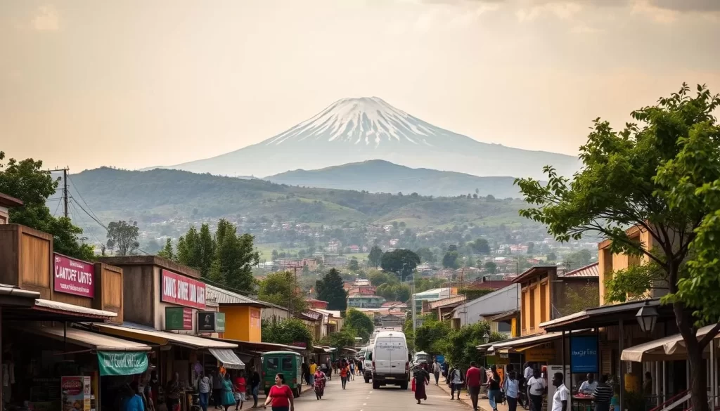 A serene downtown cityscape of Arusha, Tanzania, nestled amidst the lush, rolling hills. In the foreground, bustling local markets and vibrant storefronts line the streets, with pedestrians and vendors going about their daily lives. The middle ground features the iconic Mt. Meru, its snow-capped peak towering majestically in the distance. A warm, golden light bathes the scene, creating a picturesque and welcoming atmosphere. The background is filled with a panoramic view of the surrounding verdant landscapes, hinting at the natural wonders that await visitors to this safari capital of Tanzania.